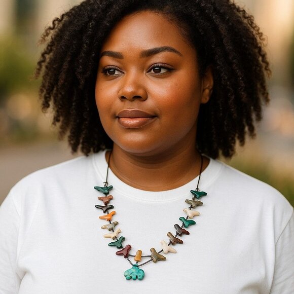 Vintage Zuni Double Strand Bird Fetish Turquoise Bear Necklace Multi-Stone 28" - Picture 12 of 12